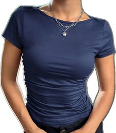 Trendy Blue Solid Color T-shirt, Blue Ruched Short Sleeve Top, Casual Ruched Cotton T-shirt, Casual Blue Ruched Top, Crew Neck Tshirt, Blue Crew, Blue Tee, New Classic, Classic Blue