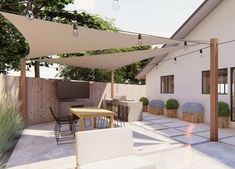 an outdoor patio with table, chairs and television on the back wall is covered in shade