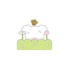 a sheep is laying down in the grass with flowers on it's head and clouds above its head