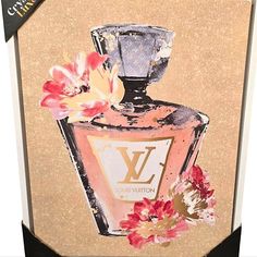 a painting of a perfume bottle with pink flowers on it's front and side