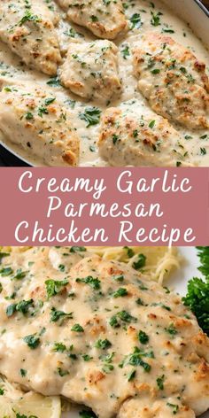 creamy garlic parmesan chicken recipe in a skillet