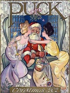 an old fashioned christmas card with santa and three women