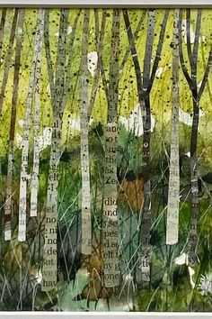 a painting of trees with words written on them