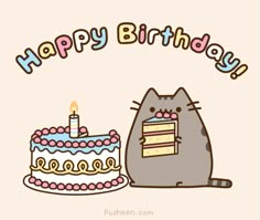 a happy birthday card with a cat next to a cake and the words happy birthday written on it