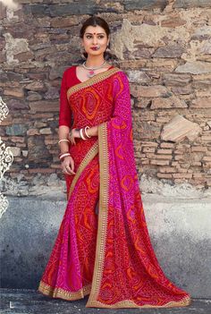 red bandhani saree Pink Sari, Colour Abstract, Party Sarees, Designer Sarees Online