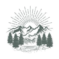 the mountains are covered with trees and sun rays in this hand drawn illustration, it is great to be used as a logo