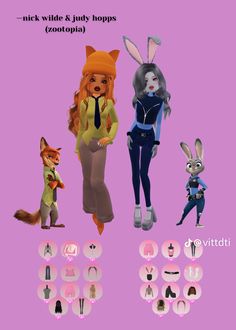 three cartoon characters are standing next to each other in front of a purple background with the words nickie and jordy hops zootop