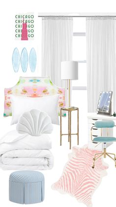 a bedroom with white curtains, pink and blue accents