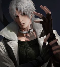 an anime character with white hair and tattoos holding his hand up to the camera while wearing black gloves