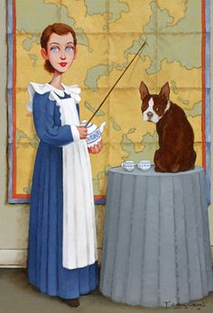 a painting of a woman holding a tea cup next to a dog on a table