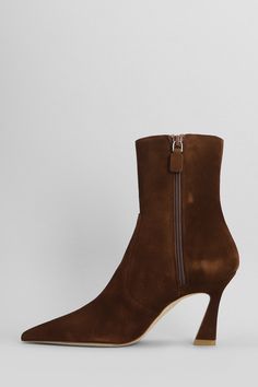 Vinnie High heels Ankle boots in brown suede, pointed toe, zip closure, curved heel detail, leather sole, heel 85mm, 100% suede, Made in Spain High Heels Ankle Boots, Zegna Shoes, High Heel Boots Ankle, Heeled Ankle Boots, Brown Suede, Luxury Shoes, Stuart Weitzman, Valentino Garavani, Christian Louboutin