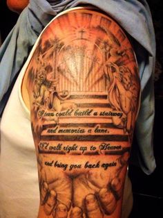 a woman with a tattoo on her arm that says, you could't build a stairway