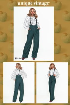 These fabulous suspender pants are crafted in a woven fabric in fabulous dark emerald green. The Thelma Pants feature a wide banded high waist cinched in with a darling button up front and secured by adjustable suspender straps. Complete with side pockets! .Available in sizes XS-5X while supplies last. | Unique Vintage Dark Emerald Thelma Suspender Pants | Size Large/10-12 Dark Emerald Green, Uv Clothing, Suspender Pants, Timeless Classic Style, Holiday Party Dresses, Plus Size Pants, Vintage Branding, Model Pictures, Retro Look