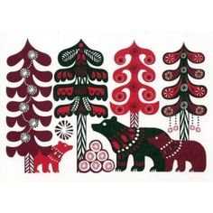 a red and green christmas card with bears, trees and snowflakes on it