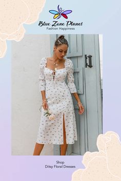 Ditsy Floral Tie Detail Slit Midi Dress⁠ by bluezoneplanet.com Casual Glamour, Ditsy Floral Pattern, Front Knot Dress, Deep V Dress, Ditsy Floral Dress, Girly Aesthetic, Ditsy Print, Effortlessly Chic Outfits