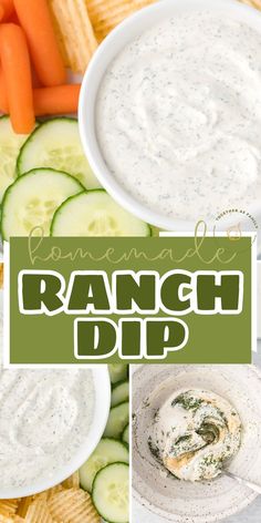 ranch dip with cucumbers, carrots, and crackers in the background