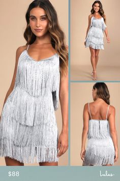 Show 'em how you move and shake it in the Lulus Get in the Groove Silver Sequin Fringe Bodycon Dress! This fun little party-starter boasts alternating layers of dramatic fringe and matter silver sequins that form a scalloped design across a slinky mesh overlay (atop a stretch knit liner). Alluring V-neckline, curve-hugging bodycon silhouette, and flirty mini skirt make this party dress the sexiest number around! Adjustable spaghetti straps. Hidden back zipper/clasp. Fit: This garment fits true t Silver Rhinestone Fringe Dress For Cocktail, Fitted Silver Dresses With Rhinestone Fringe, Shimmy Dress Fringes, Silver Fringe Mini Dress, Elegant Fringe Sequin Mini Dress, Short Dresses Classy, Satin Dress Short, Classy Short Dresses, India Dress