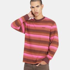 This Levi's T-Shirt Is A Must-Have For Any Stylish Man's Wardrobe. With Its Classic Crew Neckline And Long Sleeves, It's Perfect For Year-Round Wear. The Striped Pattern And Multicolor Design Make It A Versatile Piece That Can Be Paired With A Variety Of Outfits. The Relaxed Fit Ensures Comfort, While The Cotton Material And Machine Washable Care Make It Easy To Maintain. The Shirt Features A Levi's Logo Accent And Is Made Of Knit Cotton Fabric. It's A Regular Fit, Size S Shirt That's Perfect Fo Pink T-shirt For Fall Streetwear, Retro Pink Relaxed Fit Top, Pink Retro Relaxed Fit Top, Pink Retro Top With Relaxed Fit, Pink Long Sleeve Retro Top, Levis T Shirt, Levis Shirt, Shirt Making, Men's Wardrobe