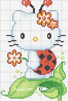 a cross stitch pattern with a hello kitty holding a ladybug on it's back