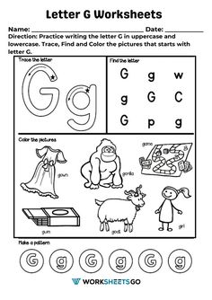 the letter g worksheet for children to learn and practice their letters with pictures