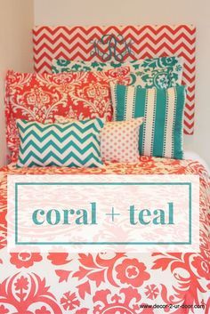 coral and teal bedding with the words coral + teal on top of it