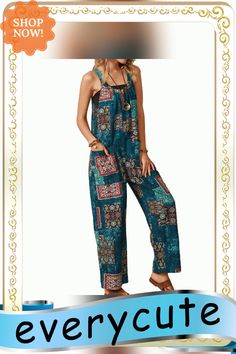 Women Summer Baggy Retro Jumpsuit Vintage Printed Loose Casual Sleeveless Overall Long Romper Playsuit Trousers Pants Green Sleeveless Casual Jumpsuit, Sleeveless Overalls With Pockets For Vacation, Sleeveless Summer Vacation Overalls, Bohemian Summer Overalls With Pockets, Sleeveless Green Overalls For Spring, Casual Sleeveless Green Overalls, Casual Green Sleeveless Overalls, Beach Wide Leg Jumpsuits And Rompers With Pockets, Beach Wide-leg Jumpsuits And Rompers With Pockets