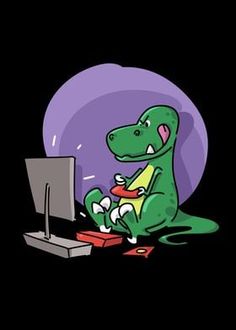 a cartoon dinosaur sitting in front of a computer monitor and playing with a game controller