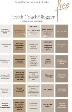 the social media content calendar for health coach / blogger, with several different color schemes