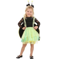 Light up the night with the enchanting Toddler Firefly Costume! Your little one will flutter and glow in this adorable bug-inspired outfit. The dress features a glittery velour top with a convenient zipper down the back for easy dressing. Delicate sheer nylon sleeves and layers of yellow tulle and green organza add an elegant touch, while the satin-trimmed glitter velour wings on the back give this costume a magical flair. The foam-backed yellow and green body piece adds a realistic touch to com Bug Costumes, Firefly Costume, Bug Costume, Unicorn Halloween Costume, Mermaid Halloween Costumes, Velour Top, Mermaid Halloween, Halloween Costume Shop, Velour Tops