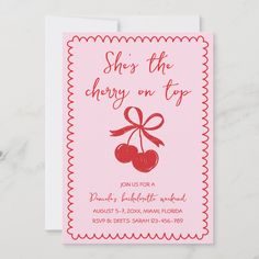 the cherry on top birthday party card is pink with red lettering and a ribbon around it