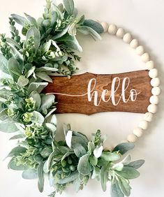 a wooden sign sitting on top of a wreath