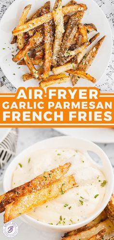 air fryer garlic parmesan french fries on a white plate with ranch dressing