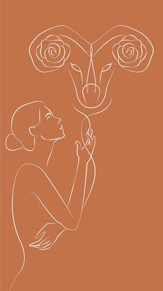 a drawing of a woman holding flowers in front of an animal's head with two horns