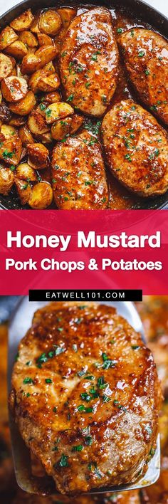 honey mustard pork chops and potatoes in a cast iron skillet with text overlay