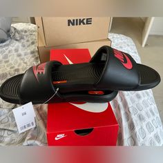 Nike Victori One Slide,Brand New In Original Box. Nike Benassi Slides Outfit, Nike Benassi Slides, Nike Slippers, Nike Benassi, Shoes Nike, Flip Flop Sandals, Abs Workout, Black Nikes, Nike Men