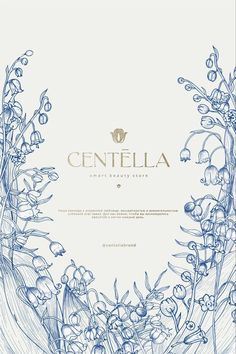 a blue and white drawing of flowers with the words gentella on it's side