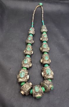 Wonderful Vintage Mix Silver Brass Tibeten Necklace With Natural Old Turquoise Stone - Etsy Artisan Beaded Turquoise Necklace For Festivals, Silver Beaded Turquoise Necklace For Festivals, Spiritual Turquoise Beaded Necklaces For Festivals, Traditional Handmade Turquoise Beads, Bohemian Green Beads, Traditional Beaded Silver Turquoise Necklace, Polished Turquoise Beads Necklace For Festival, Turquoise Silver Beads For Festivals, Traditional Turquoise Round Beads