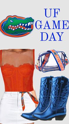 an orange top, white skirt and blue boots with the words university game day on it