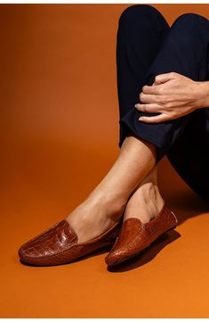 A moc-stitched toe intensifies the everyday refinement of a slip-on driving loafer that serves as a standout casual staple. Genuine calf hair (Brazil) upper/leather lining/rubber sole. By patricia green; imported. Women's Shoes. Basics Capsule, Neutral Flats, Driving Moccasins, Driving Loafers, Crocodile Leather, Driving Shoes, Calf Hair, Lug Sole, Loafers For Women