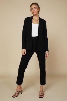 It's power moves all the way with an open-front blazer in traffic-stopping red. With notched lapels, long sleeves, and flap pockets, the design is clean and classic, but that color is what makes it stand out. •Notched lapels •Princess seams •Long sleeves •Two hip pockets Item number: 24919 Black Blazer With Pressed Crease And Lapel Collar, Black Blazer With Pressed Crease, Formal Notched Black Blazer, Black Tuxedo Blazer With Pockets, Black Notch Lapel Blazer With Welt Pockets, Fall Tuxedo Blazer For Workwear, Sleek Black Single Breasted Blazer, Sleek Black Single-breasted Blazer, Sleek Black Single-button Blazer