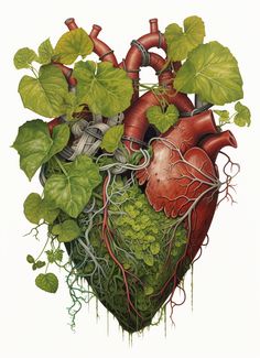 a drawing of a human heart surrounded by plants