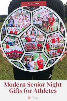 a person holding up a soccer ball with photos on it and the words modern senior night gifts for athletes