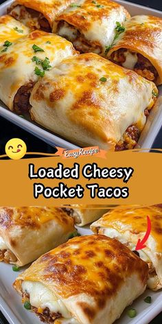 loaded cheesy pocket tacos on a plate with the title text overlay