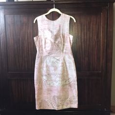 I Am So Sad To Be Listing This Gorgeous Dress! It Is New With Tags And Labeled An Italian 44/Us 10, But It Runs Very Small. Please See Measurements For Accurate Sizing. It Is A Beautiful Light Pink, Light Brown, And Ivory Pattern - The Body Of The Dress Is Cotton, And The Upper Part (Around The Shoulders & Dcollet) Is Silk. The Tag Reads 74% Cotton, 26% Silk. It Is Too Beautiful To Pass Up! Measurements; Length: 38.5” Bust: 18” Pit To Pit Waist: 15” Across Hips: 19” Across Pink Silk A-line Midi Dress, Pink Knee-length Dress With Fitted Bodice, Pink Sleeveless Formal Dress, Pink A-line Fitted Midi Dress, Pink Silk Feminine Dress, Feminine Pink Silk Dress, Pink Sleeveless Silk Dress, Pink Fitted Sheath Dress, Pink Lined Formal Dress