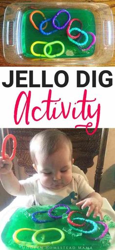 an image of a baby playing with jello - dig activity for toddlers to do