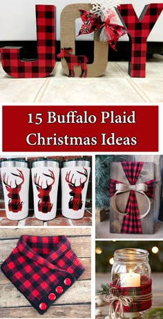 the words buffalo plaid christmas ideas are displayed in this collage with red and black plaid items