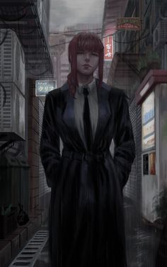 a woman with red hair wearing a black coat and tie standing in an alleyway