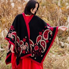 Ethnic style wool shawl, women's autumn and winter cape blanket, oversized scarf, thickened warmth, shawl split shawl Size：130*160cm Material：Cashmere Oversized Bohemian Shawl For Winter, Bohemian Poncho With Scarf For Winter, Oversized Winter Cape Shawl, Winter Wool Pashmina Shawl, Wool Cape Shawl For Winter, Folk Style Black Shawl For Winter, Winter Wool Cape Shawl, Bohemian Wool Shawl, Folk Style Red Poncho For Winter