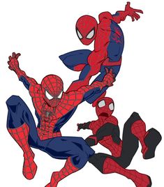 three spider - man are flying in the air with their arms out and legs crossed