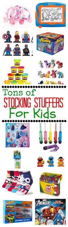 various toys are shown with the words stocking stuff for kids